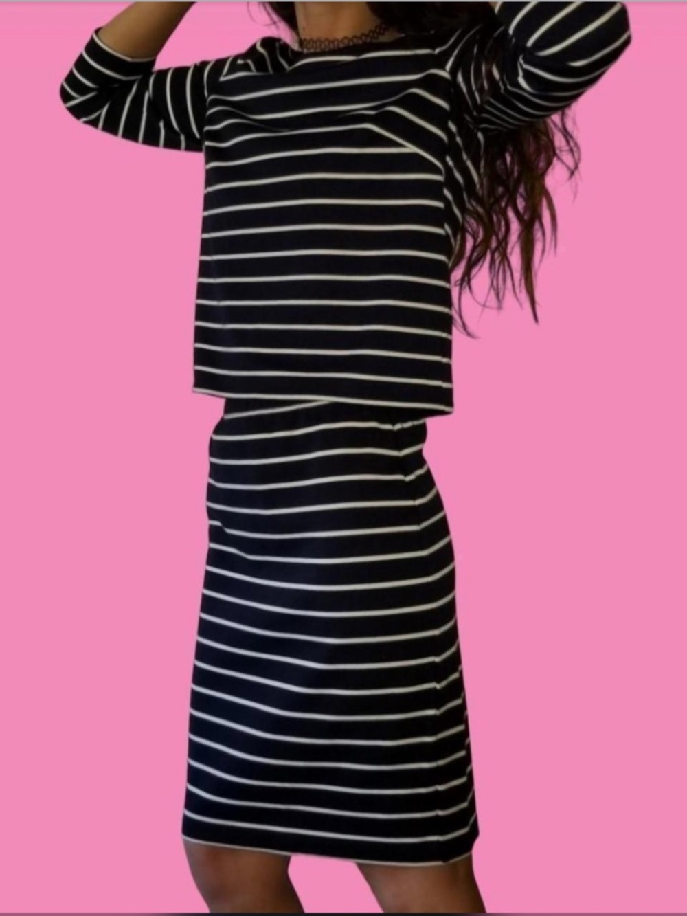 Max Studio Navy Blue w/ White Strip Soft Long Sleeve Skirt & Top Set Size Medium